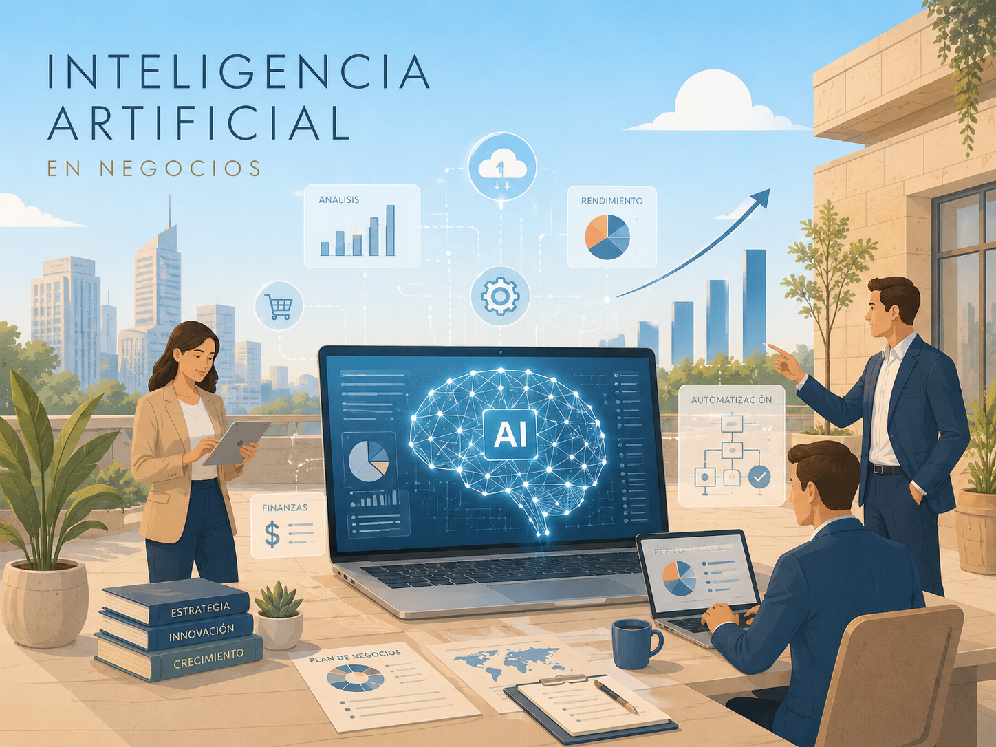 Ilustración de inteligencia artificial aplicada a negocios