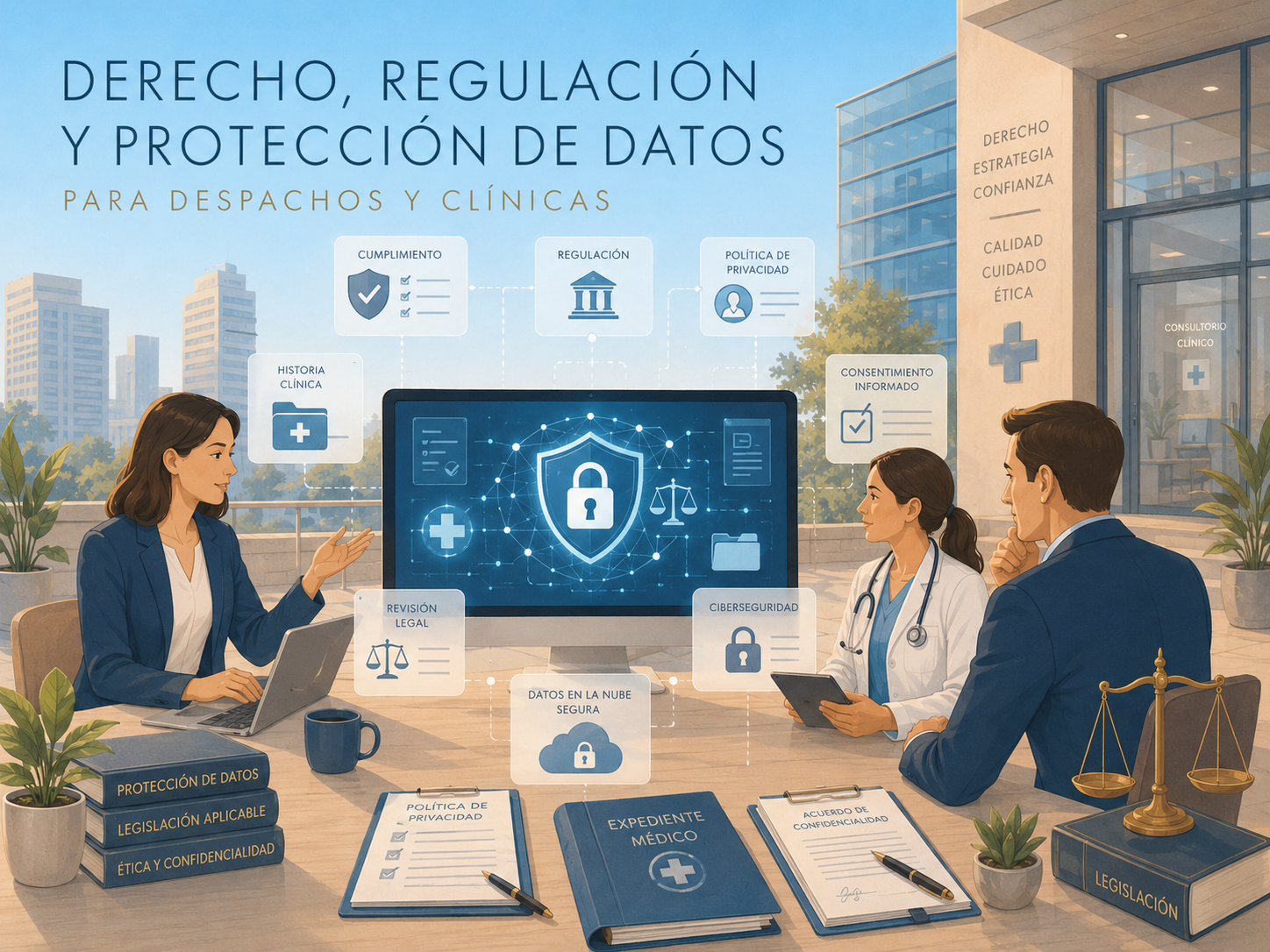 Ilustración de regulación y protección de datos para despachos y clínicas