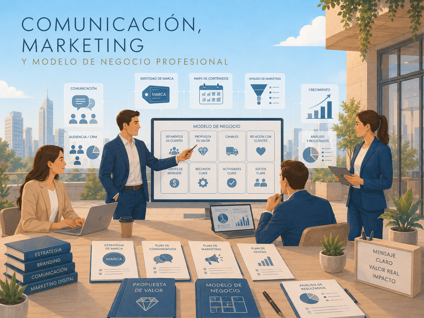 Ilustración de comunicación, marketing y modelo de negocio profesional