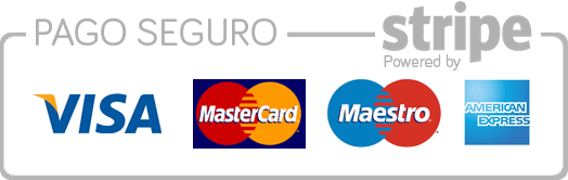 Pago seguro con tarjeta: Visa, Mastercard, Maestro, American Express, procesado por Stripe